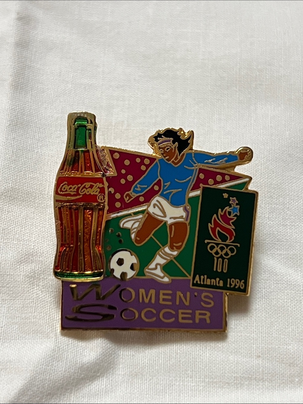 Vintage Coca Cola Multicolor Women's Soccer Enamel Pin with Gold Accents NWT
